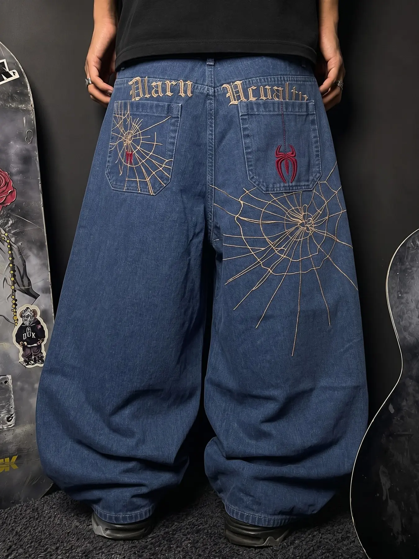 Blue Loose Fit Embroidered Jeans, Streetwear Spider Web Embroidery Straight Leg Jeans, Vintage Fashion Daily Commute Jeans
