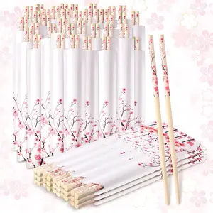 50 Pairs Cherry Blossom Disposable Bamboo Eucalyptus Chopsticks Bulk with Sleeved Blue Flower Wedding Favors Chinese Japanese Food Supply for Takeout Picnic(Cherry)