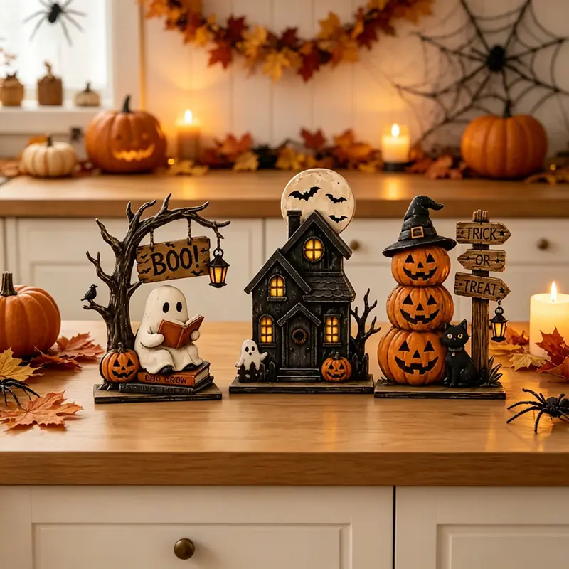 Vintage Halloween Tabletop Decor Set of 3, Resin Spooky Ornaments with Ghost, Haunted House, Stacked Pumpkin & Black Cat Figurines, Trick or Treat Sign, Fall Harvest Decor, Spooky Season Desktop Centerpiece for Home Mantel Shelf Decoration
