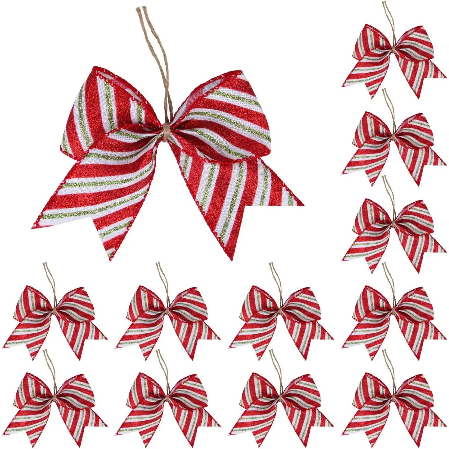 12 count Christmas Candy Cane Bows 6 Inch Red and Green Glitter Stripe  Peppermint  Christmas Wreath Bow for Xmas Door Garland DIY Candy Themed Party Supplies(Red Stripe)