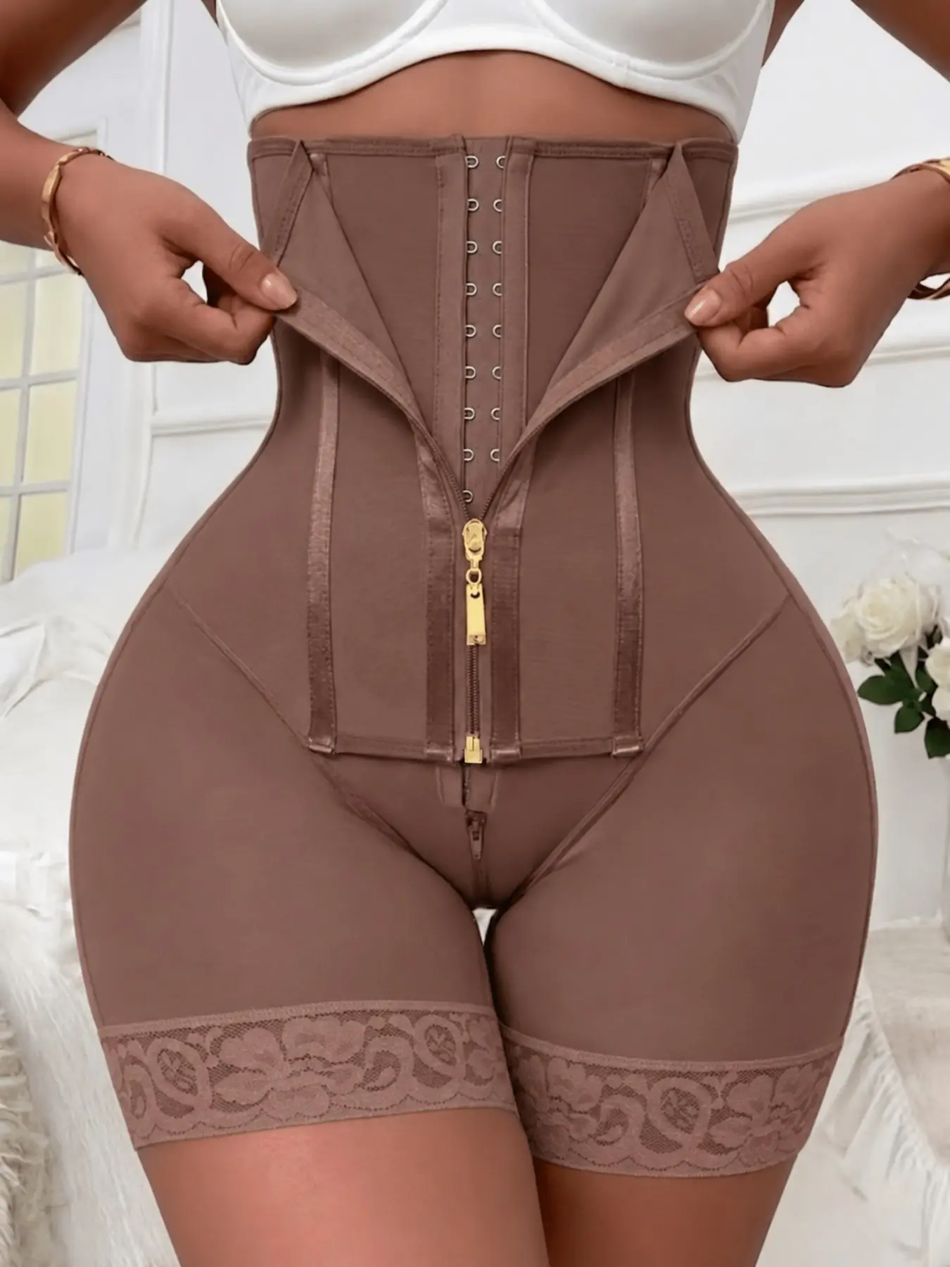 1 Count Women's Solid Color Lace Sexy High Waist Shapewear Shorts, Underwear, Fajas, Colombian Shapewear, Adjustable Zipper & Hooks Closure Breathable Shaping Panties, Butt Lifting And Tummy Control Bottoms, Suitable For Yoga & Exercise & Party