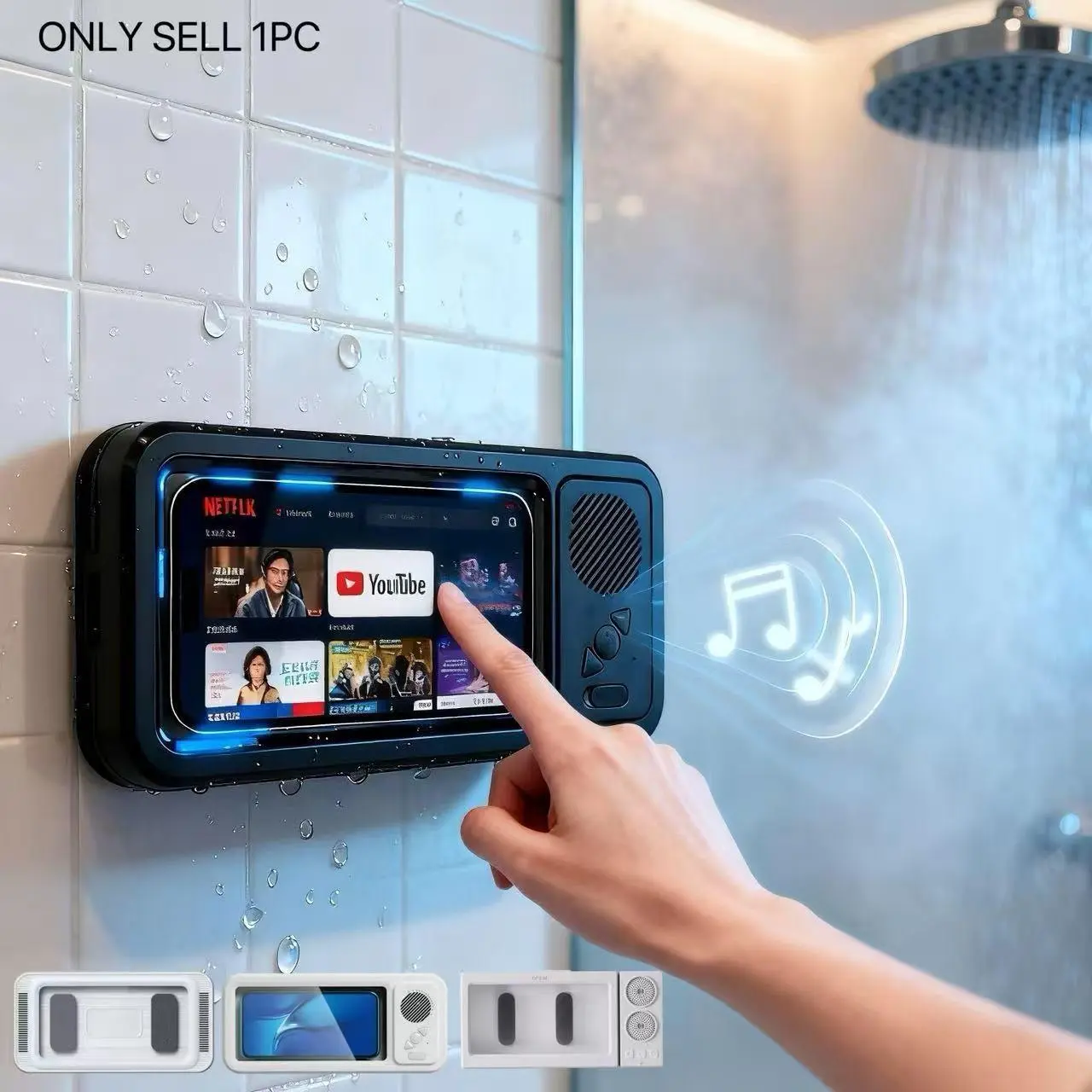 Phone waterproof case, Bluetooth speaker, waterproof 360° rotating touchscreen for movies and music, phone stand Bluetooth speaker audio shower TV stand, bathroom mount, pool, kitchen, bathroom