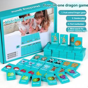 wooden 4 in 1 dominoes game, fruit & animal pattern matching memory chess, interactive game for parents & kids, gift for her, men's gift