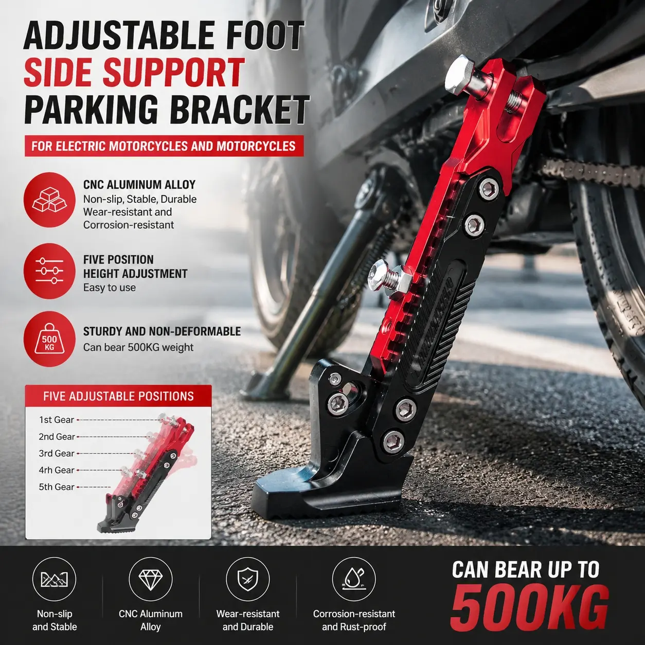 Adjustable Motorcycle Side Stand Kickstand, Universal Folding Parking Bracket Support for Bike Scooter Moped, Heavy-Duty Sturdy Metal Portable Installation Tool-Free, Anti-Tip Stabilizer Safety Storage Space Saving