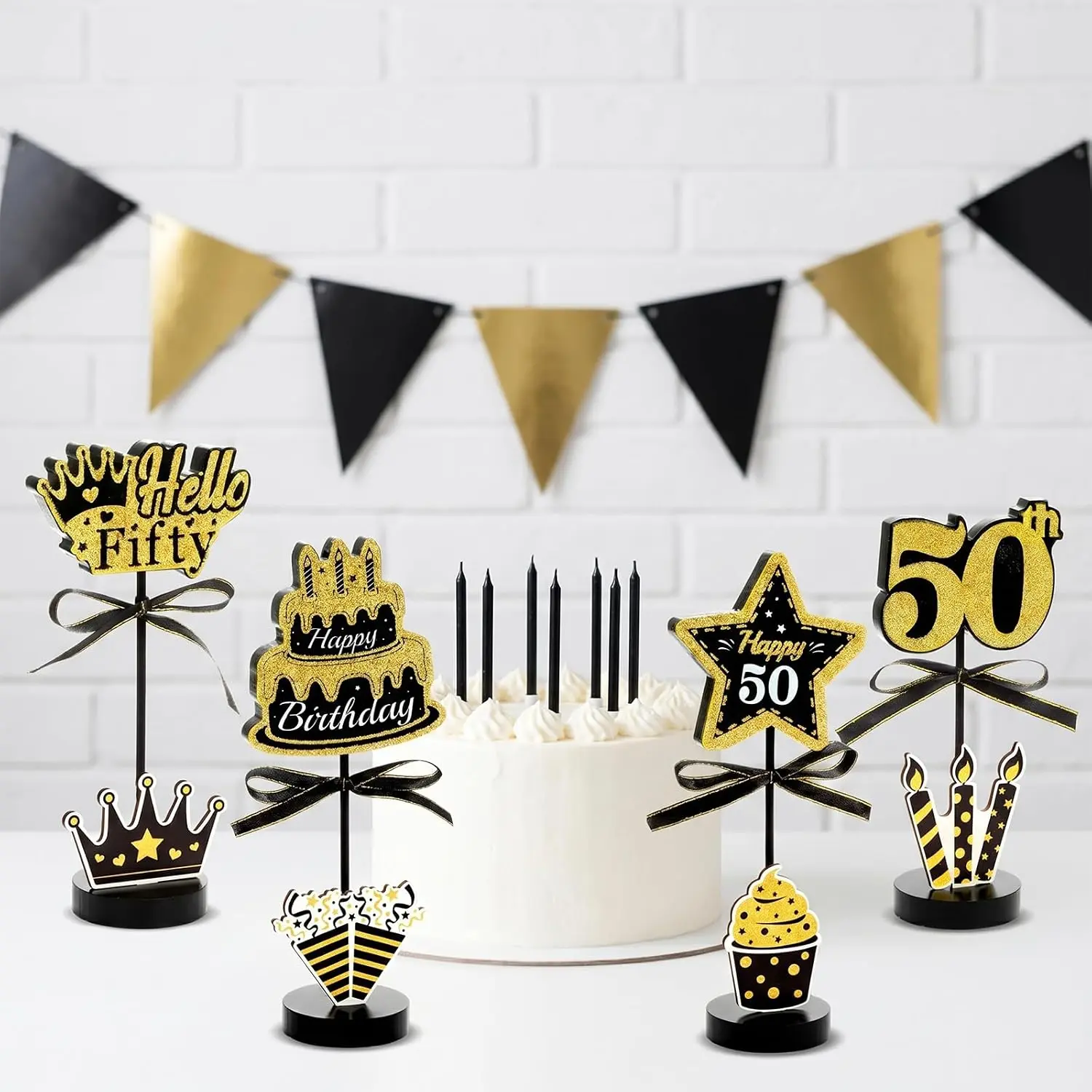 4 Pcs 50th Birthday Table Decorations Black Gold Wooden Signs Hello Fifty Happy 50th Birthday Centerpiece Tiered Tray Decor for Men Women Birthdays Party Supplies Anniversary Celebration Table Decor