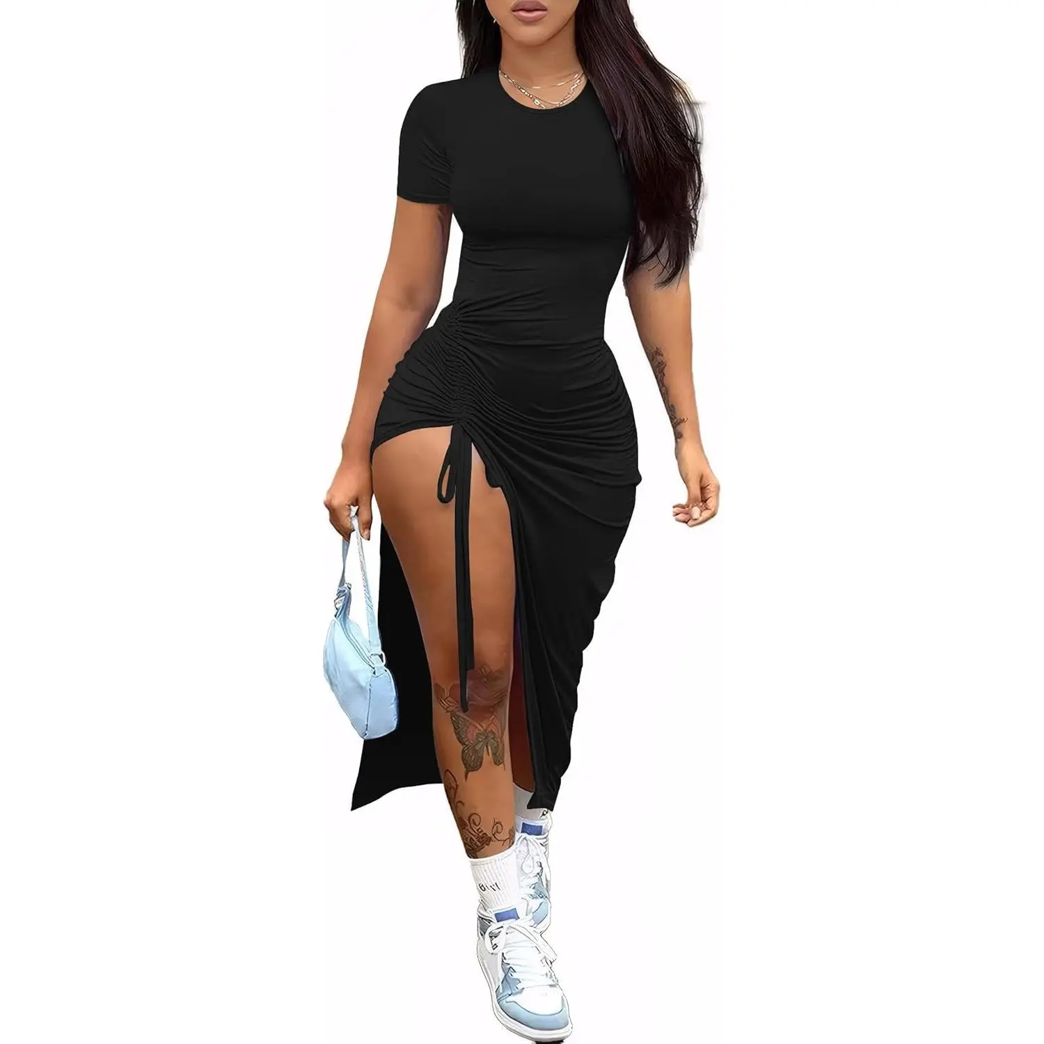 Women's Shortsleeve Ruched Bodycon Maxi Dress with Thigh-High Split - Sexy Summer Club Cocktail Party Clothing