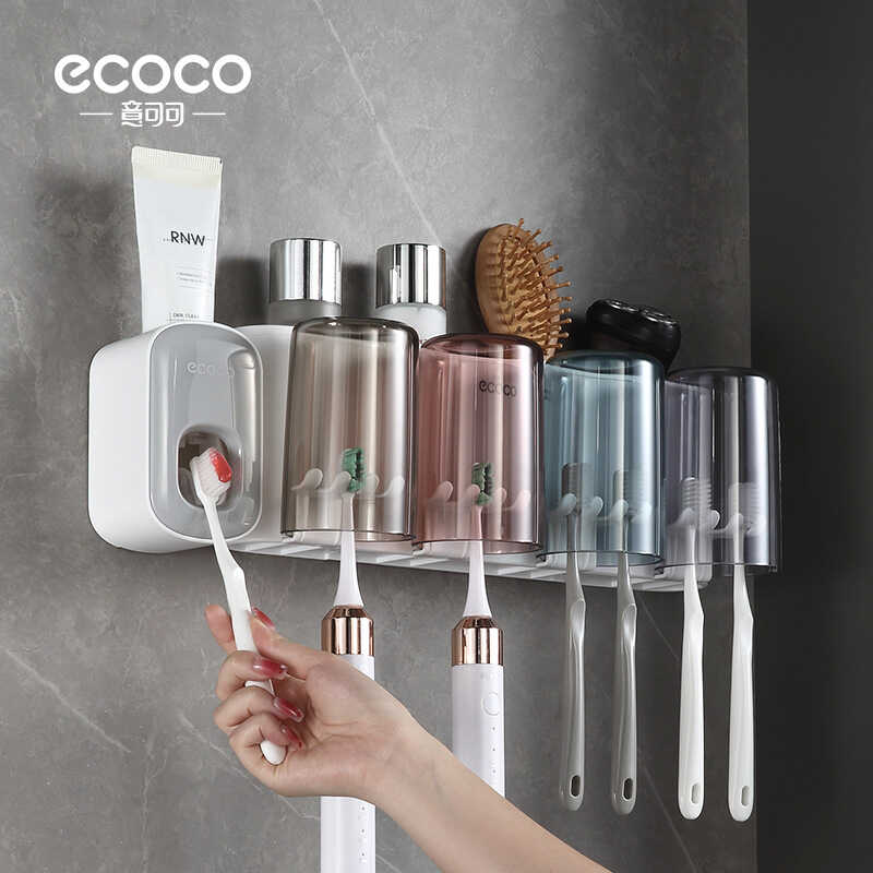Ecoco Creative Toothbrush Storage Rack Non Perforated Mouthwash Cup Wall Mounted Toilet Automatic Toothpaste Squeezer