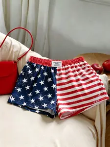 Comfortcana Women's American Flag Style Casual Printed Shorts, Elastic Waist, Loose-Fitting, Holiday Fashion, Independence Day Apparel