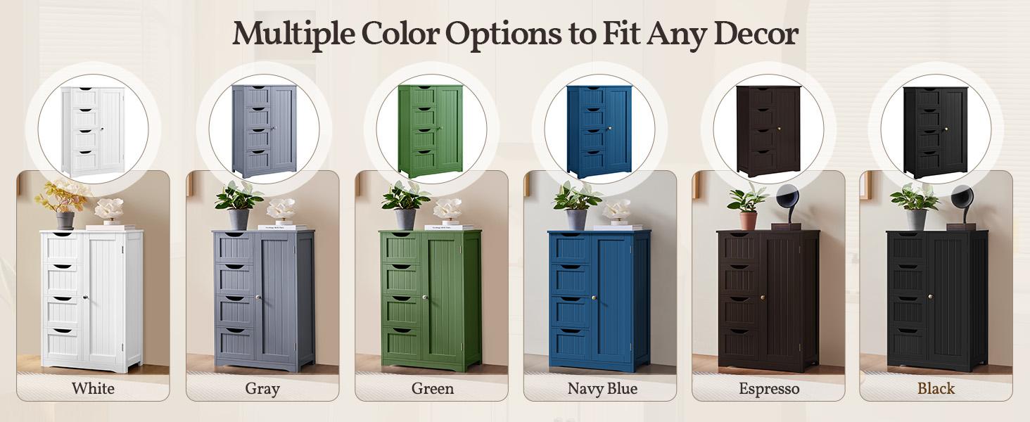 Wooden Floor Cabinet, Side Storage Organizer with 4 Drawers and 1 Cupboard, Freestanding Entryway Storage Unit Console Table, Bathroom Furniture Home Decor, White