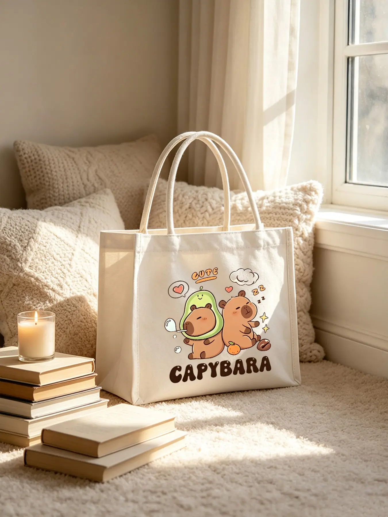 Cute Capybara Canvas Tote Bag, Kawaii Cartoon Print Handbag, Large Capacity Shopping Shoulder Bag for Women, Casual All-Season Use