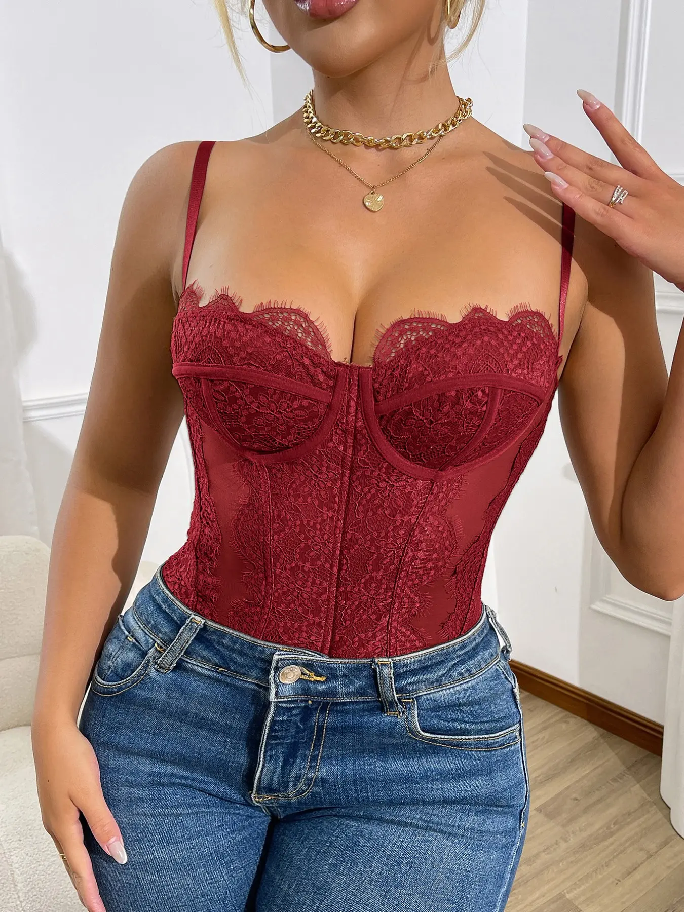 Sexy Lace Trim Body Suit, Tight-Fitting Sheer Design, Perfect for Parties & Night Out, Trendy Women's Clothing, Lingerie, Lace Trim Bodysuit