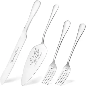 Wedding Cake Knife and Server Set, Silver 4 Pieces Cake Cutting Set with Forks for Wedding Engagements Anniversaries Bride and Groom