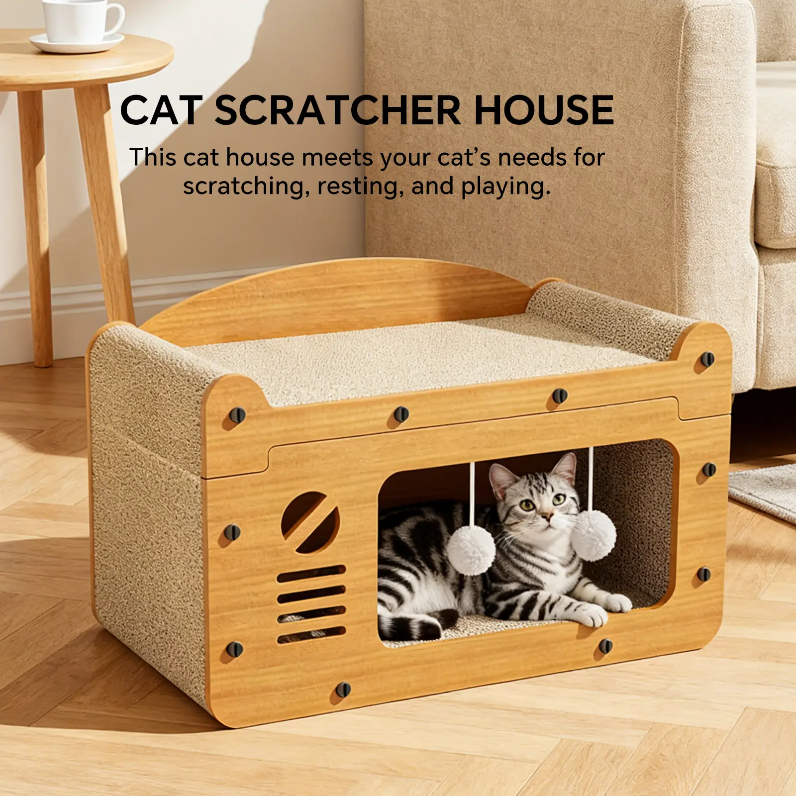 [Already have 10K favorites]2 in 1 Cat Bed with Scratching Board Pet Furniture for Indoor Cats Suitable for multiple cats Durable Double Layer Design Cat Bed Stylish and Comfortable Cat Furniture for All Seasons Wooden cat bed SummerVibes petlovers