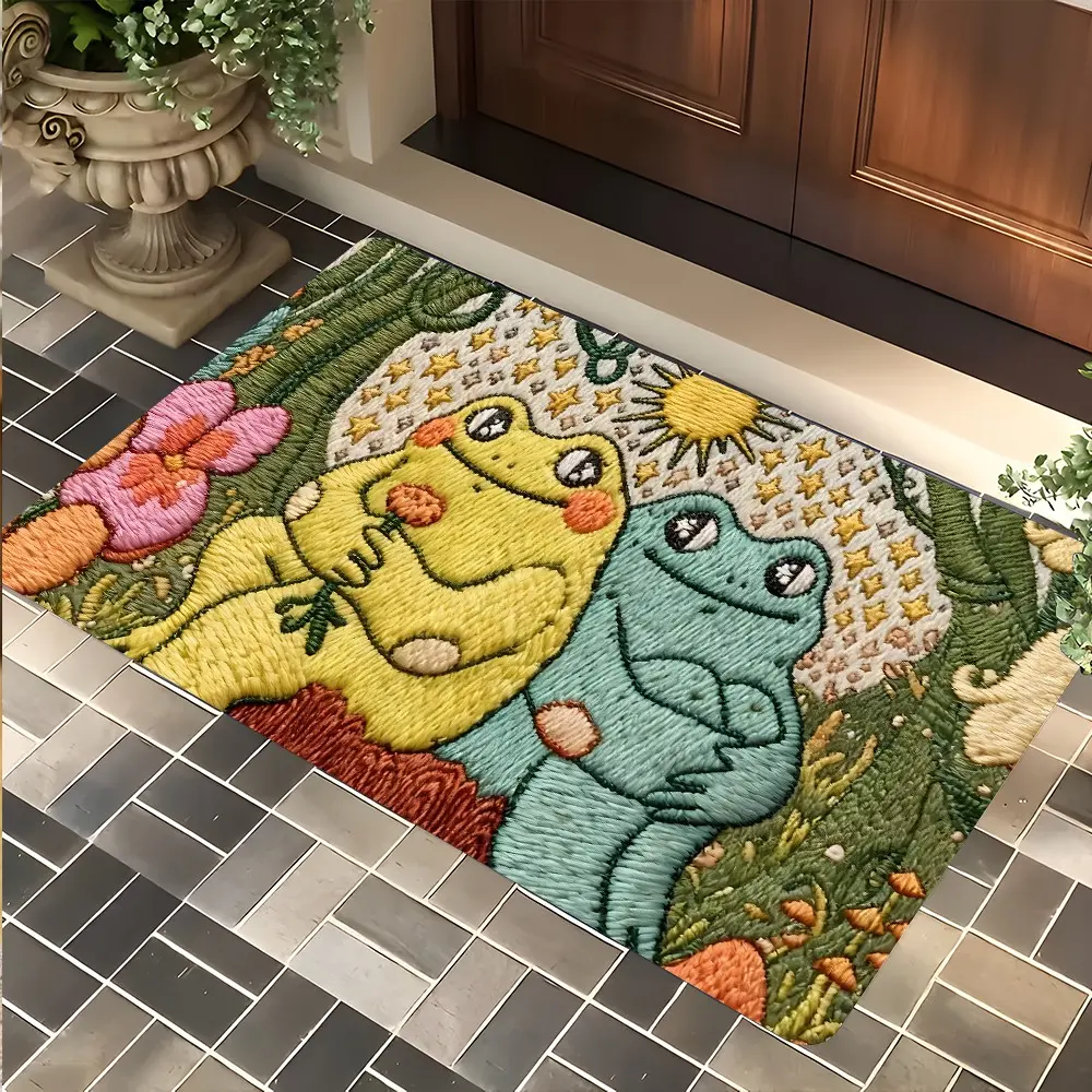 1 Piece Cartoon Frog Welcome Doormat,Illustration Style Front Door Mat,High-end Design Highly Absorbent Floor Mats, Anti-slip Quick drying Soft Carpets, Suitable for Multi-scenario, Home Decoration Mato, Indoor Outdoor Entrance Carpet,Perfect Gift