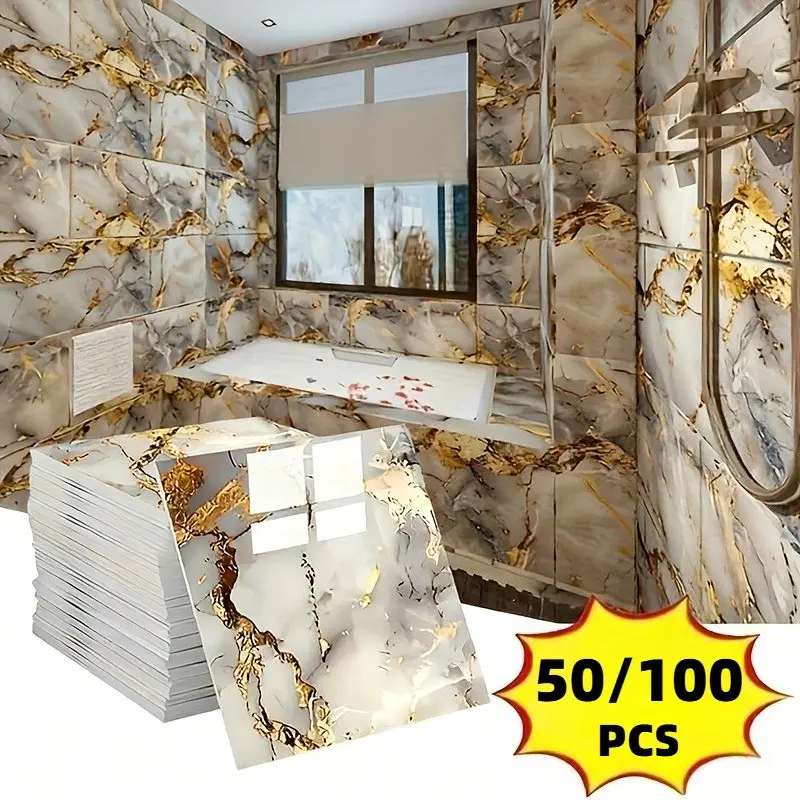 30/60/90pcs Marble Texture Glossy Self-Adhesive Home Wall Decor Stickers, Premium Gilded Design PVC Waterproof Oil-Resistant Wear-Resistant Renovation Protection Wall Stickers, Living Room/Bedroom/Bathroom/Kitchen/All Rooms Wall Decor Interior Walls