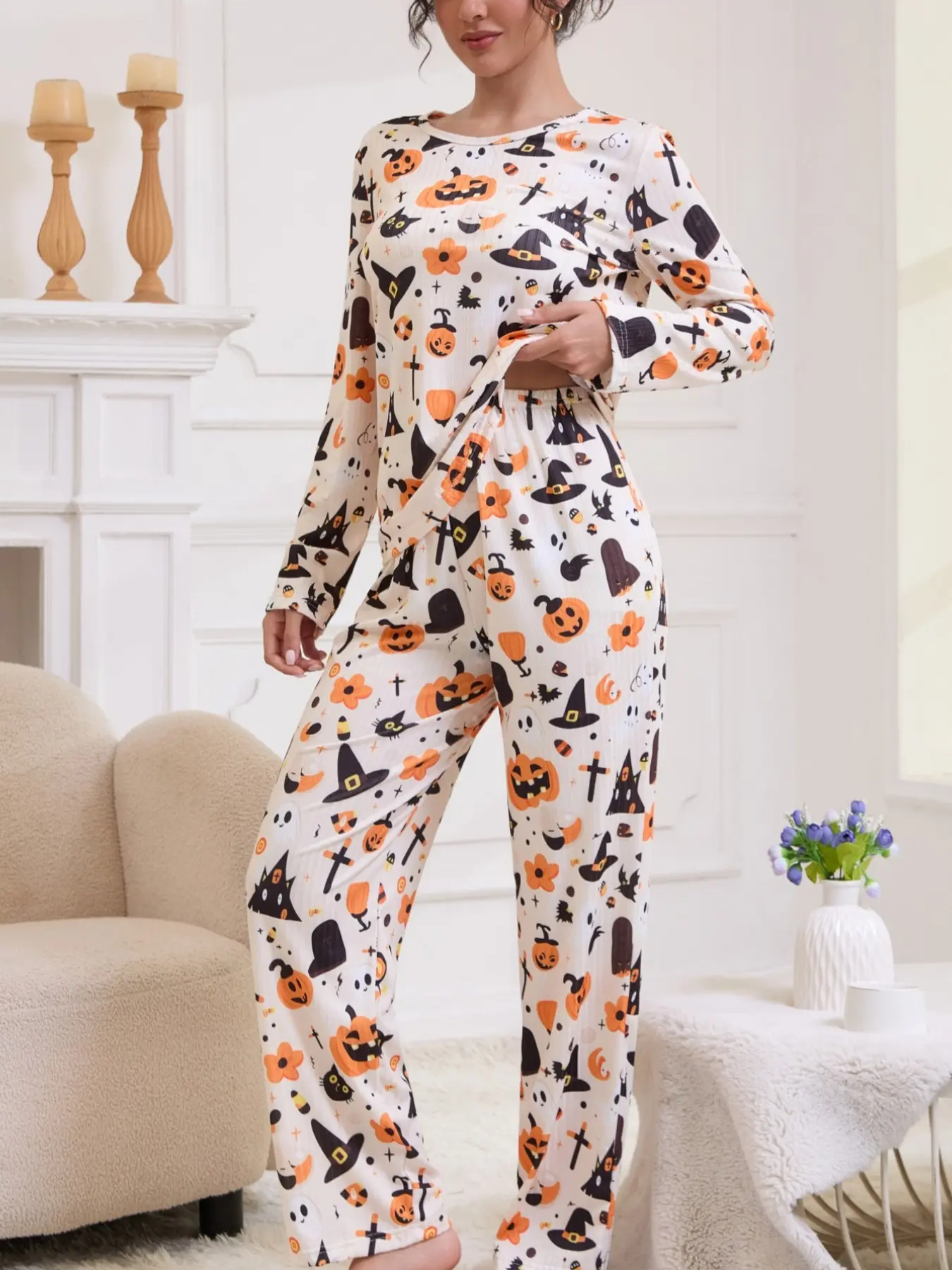 Halloween Pumpkin Pyjamas Set for Women, Ribbed Crew Neck Long Sleeve Tops and Pants 2 Piece Lounge Set, Cute Ghost Sleepwear