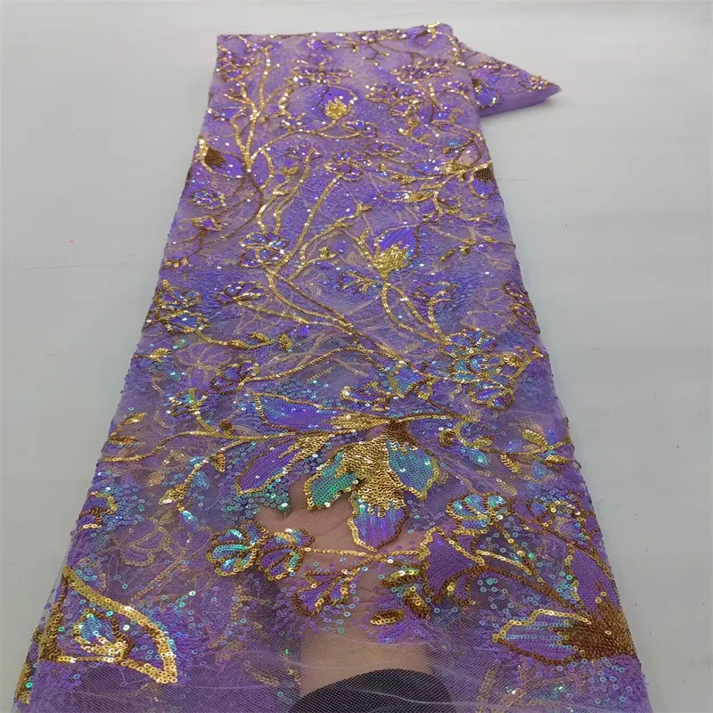 2026 Nigerian New Sheer Lace Fabric with Heavy Beads, High-Quality African Sequins for Wedding Party, French 1 Yard/5 Yards