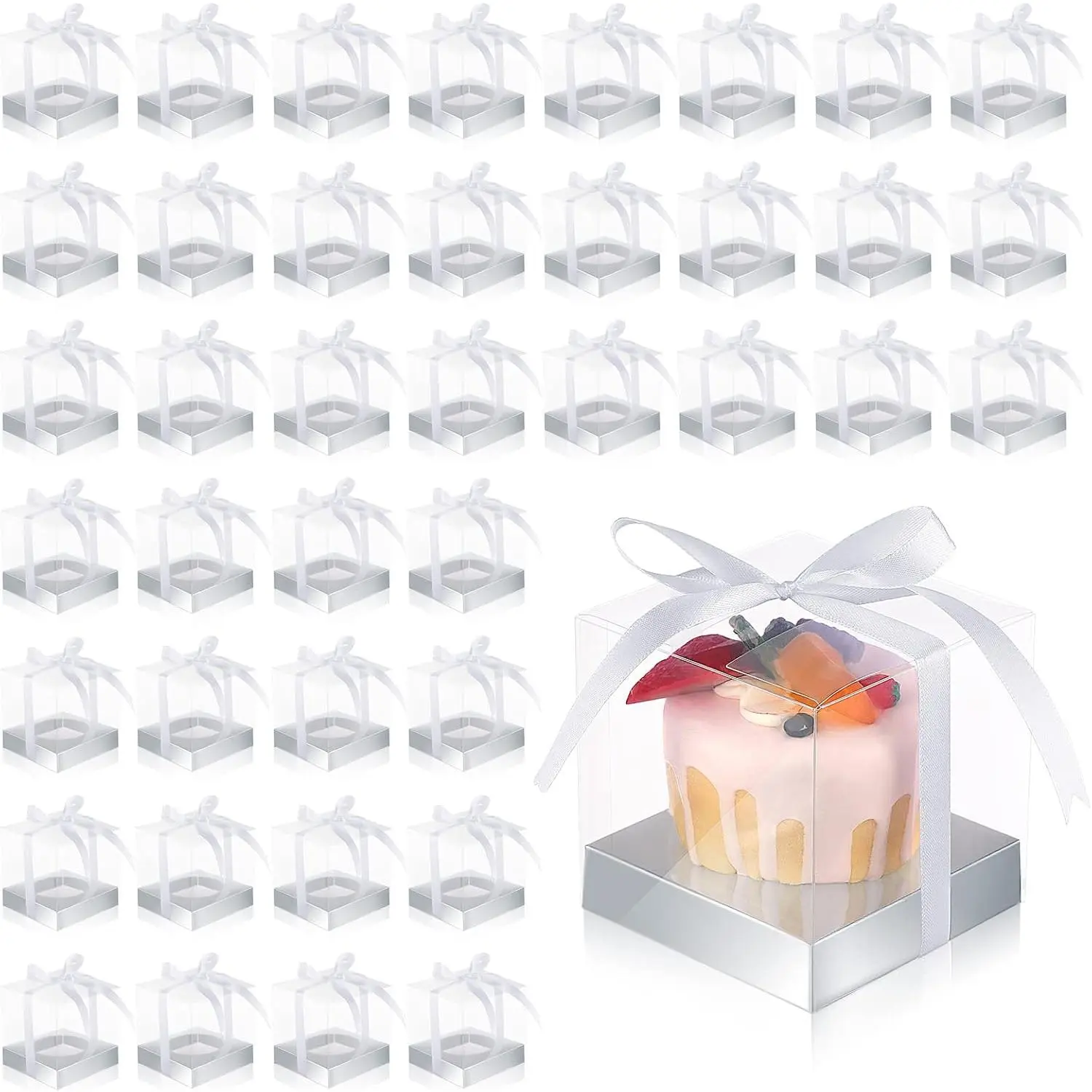 50 count Clear Cupcake Boxes Individual 3.5 Inch Plastic Single Cupcake Containers Boxes with Inserts and Ribbon Individual Cake Storage Holders for Cake Kitchen()