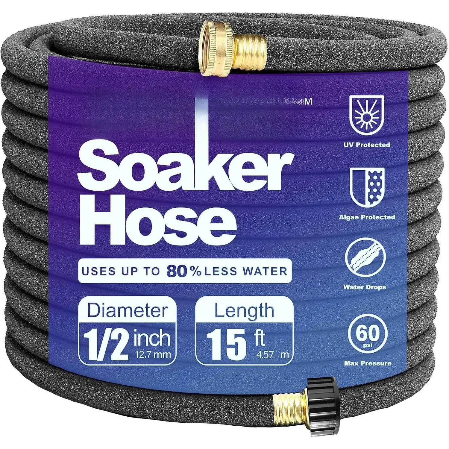 15FT 1/2" Water-Saving Soaker Hose with Solid Brass Connectors, Drip Irrigation Kit for Lawn & Yard