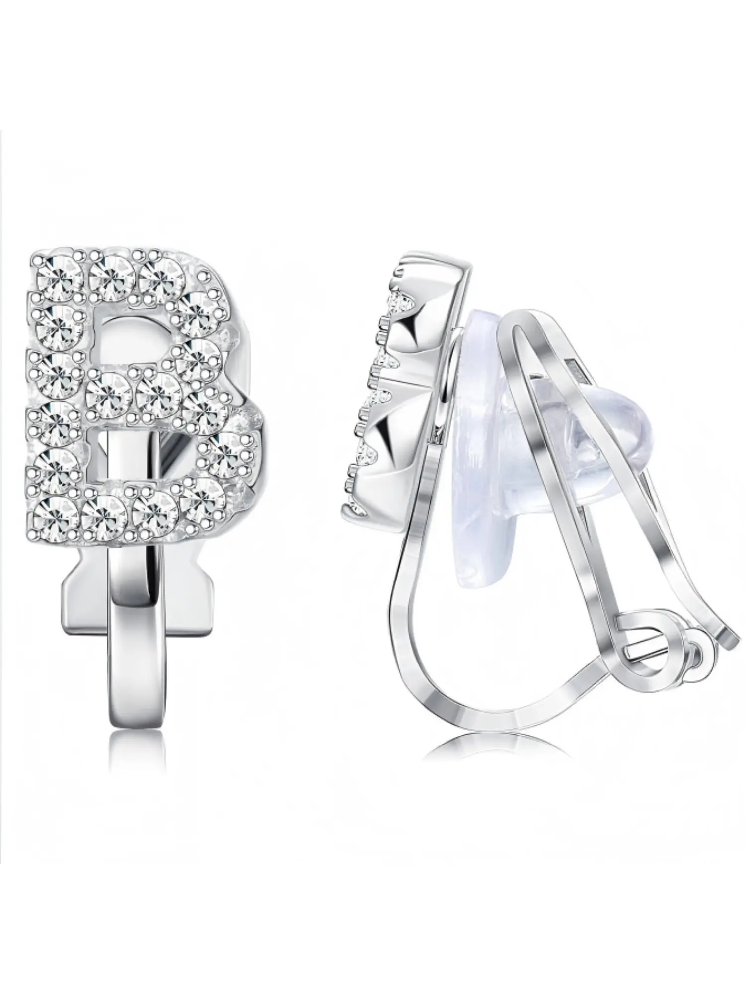 1 Pair Matte Silvery Initial A-D Clip-on Earring Bundle Sturdy Copper 3A Shiny CZ Custom Alphabet Non Pierced Ear Cuff Jewelry for Unisex Clear Smooth Silicone Ear Mats Eye-catching Glitter Trendy Casual Ear Accessory Pack