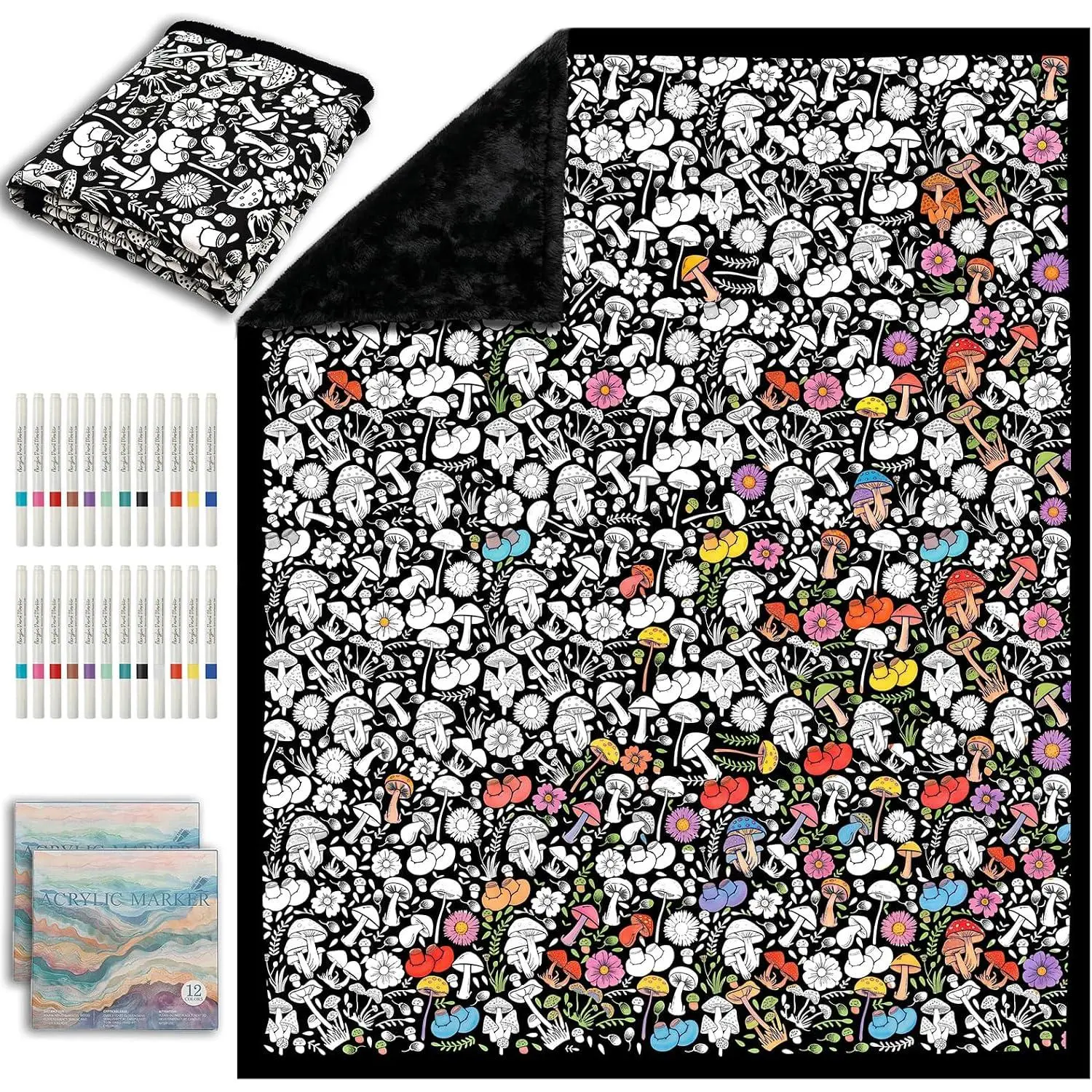 DIY Cozy Synthetic Fabric Coloring Blanket for Adults - 24 Long-Lasting Ink Markers, 50"x60", Machine Washable, Modern Printed Patterns, Ideal for Daily Use, Living Room Decor, Group Activities, Wrapped, Printed Designs