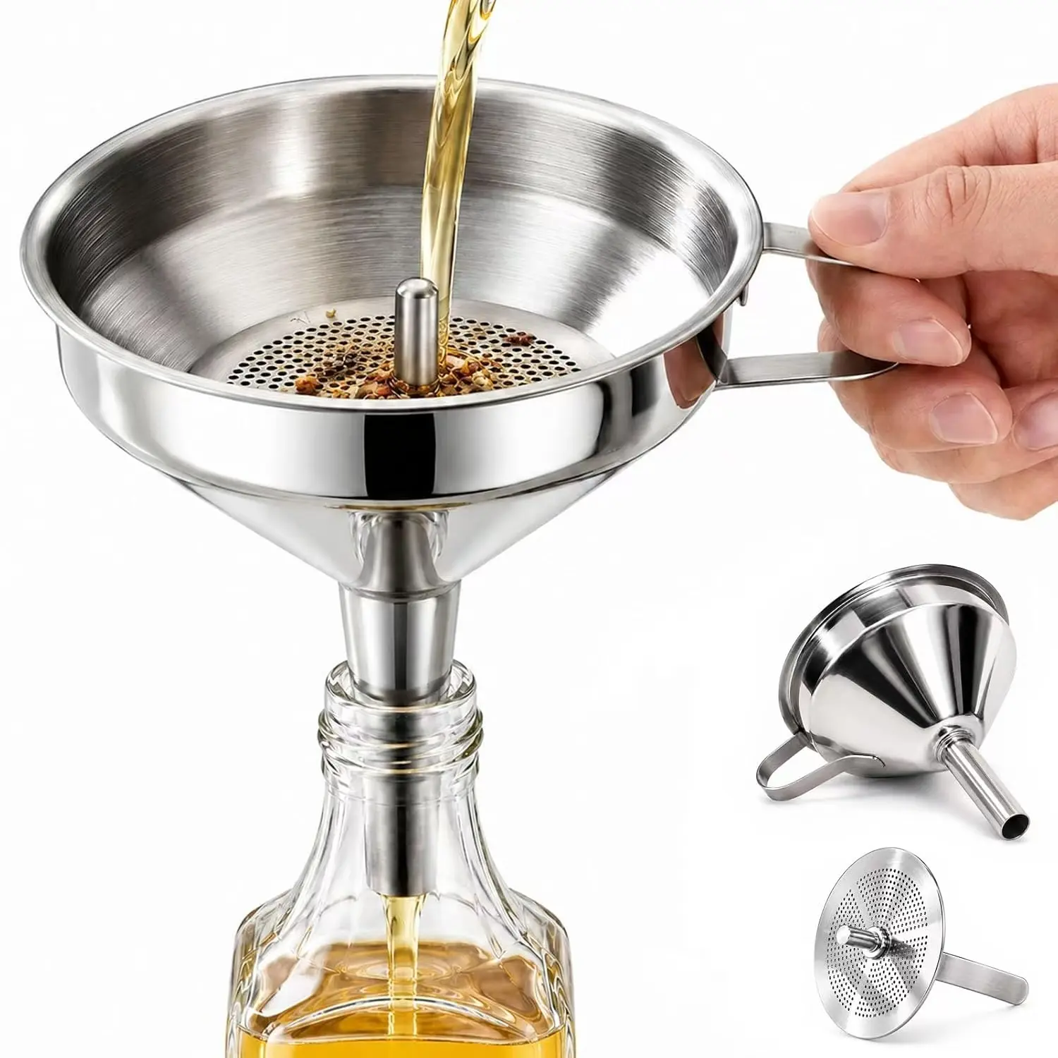 Stainless Steel Funnel with Removable Filter, Easy Bottle Filling, Suitable for Oil, Juice, Wine, Milk, Dishwasher Safe