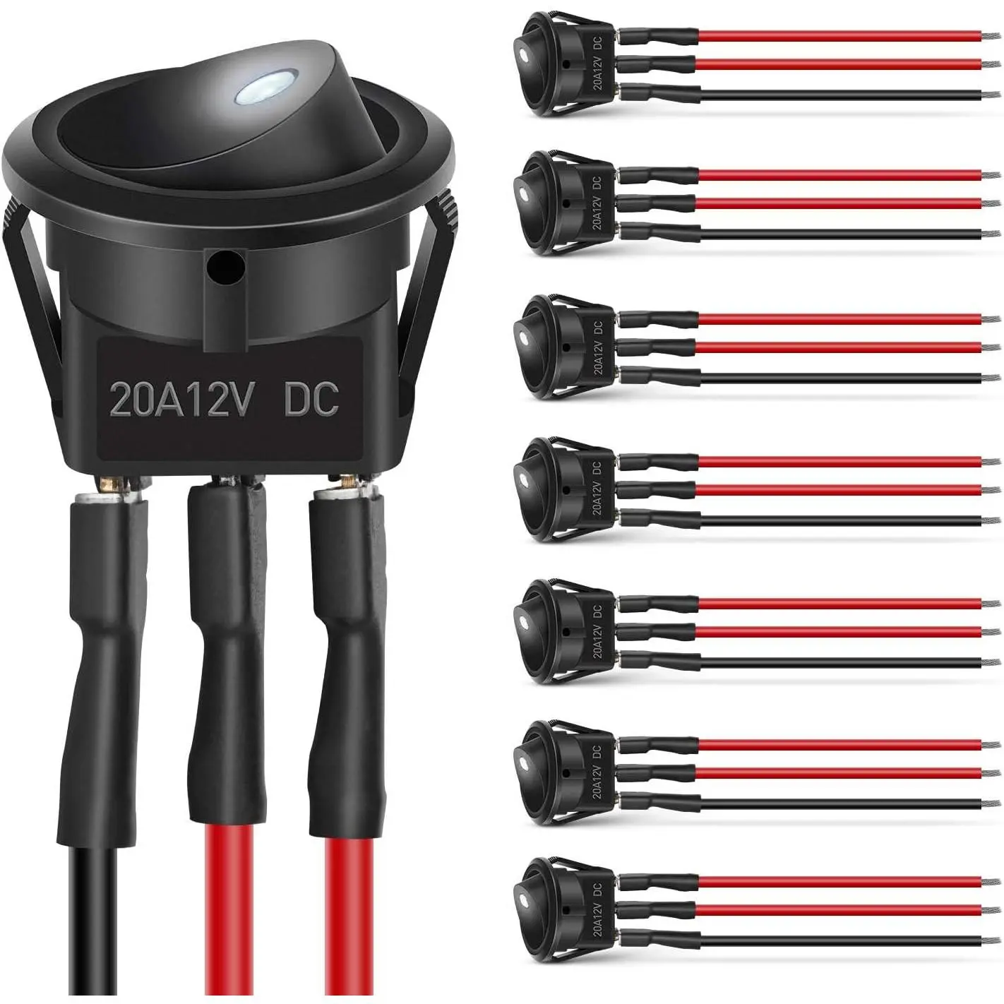 Nilight 8PCS Round SPST On/Off Toggle Rocker Switches Set, 12V-24V 20A White LED, 3-Pin 2-Position with 16AWG Presoldered Copper Plated Wires & Keyhole Mount for Car, Truck