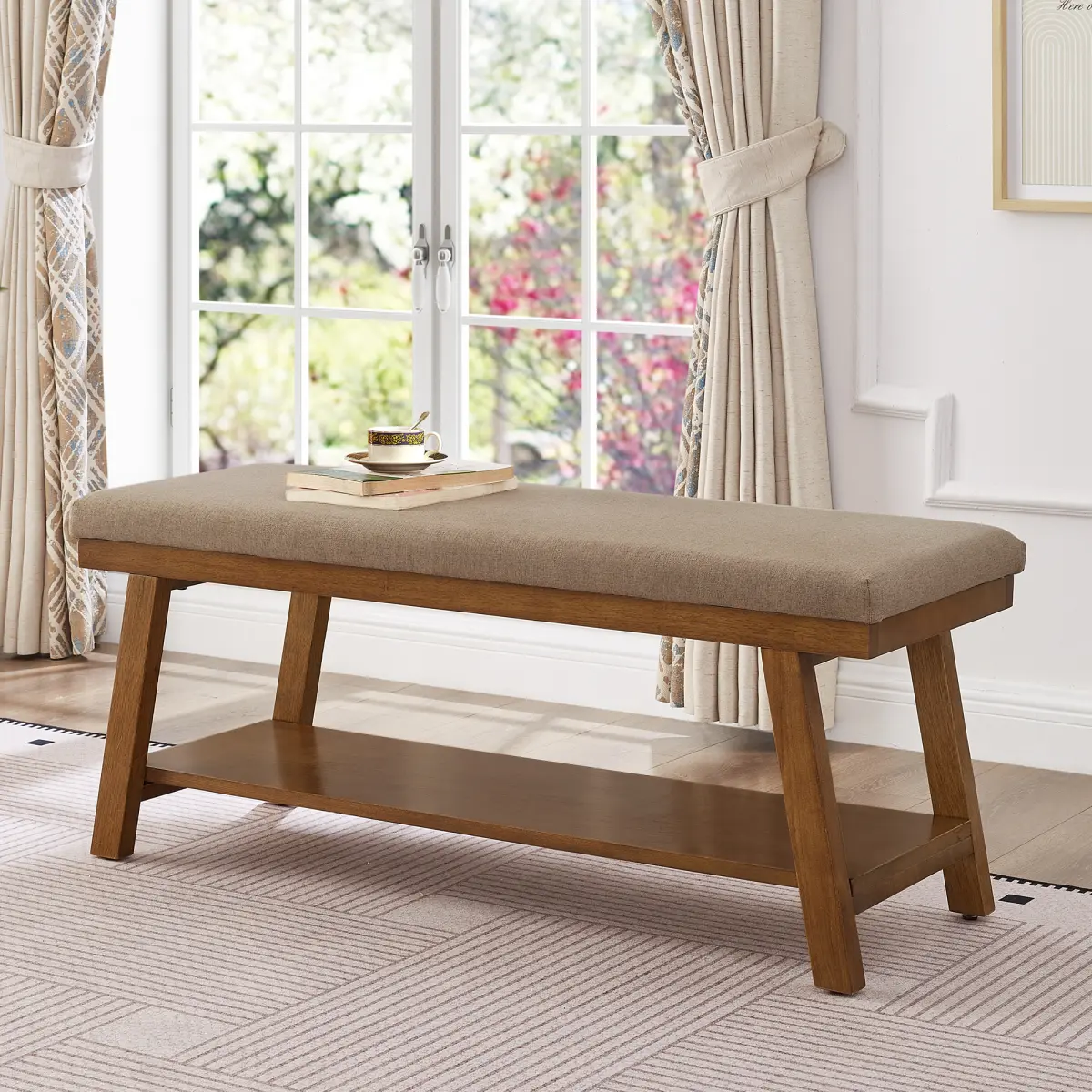 Linen Upholstered Bench with Storage Shelf – 350 lbs Capacity, Modern Bed End Bench with Cushioned Seat for Bedroom, Entryway, or Living Room - Linen