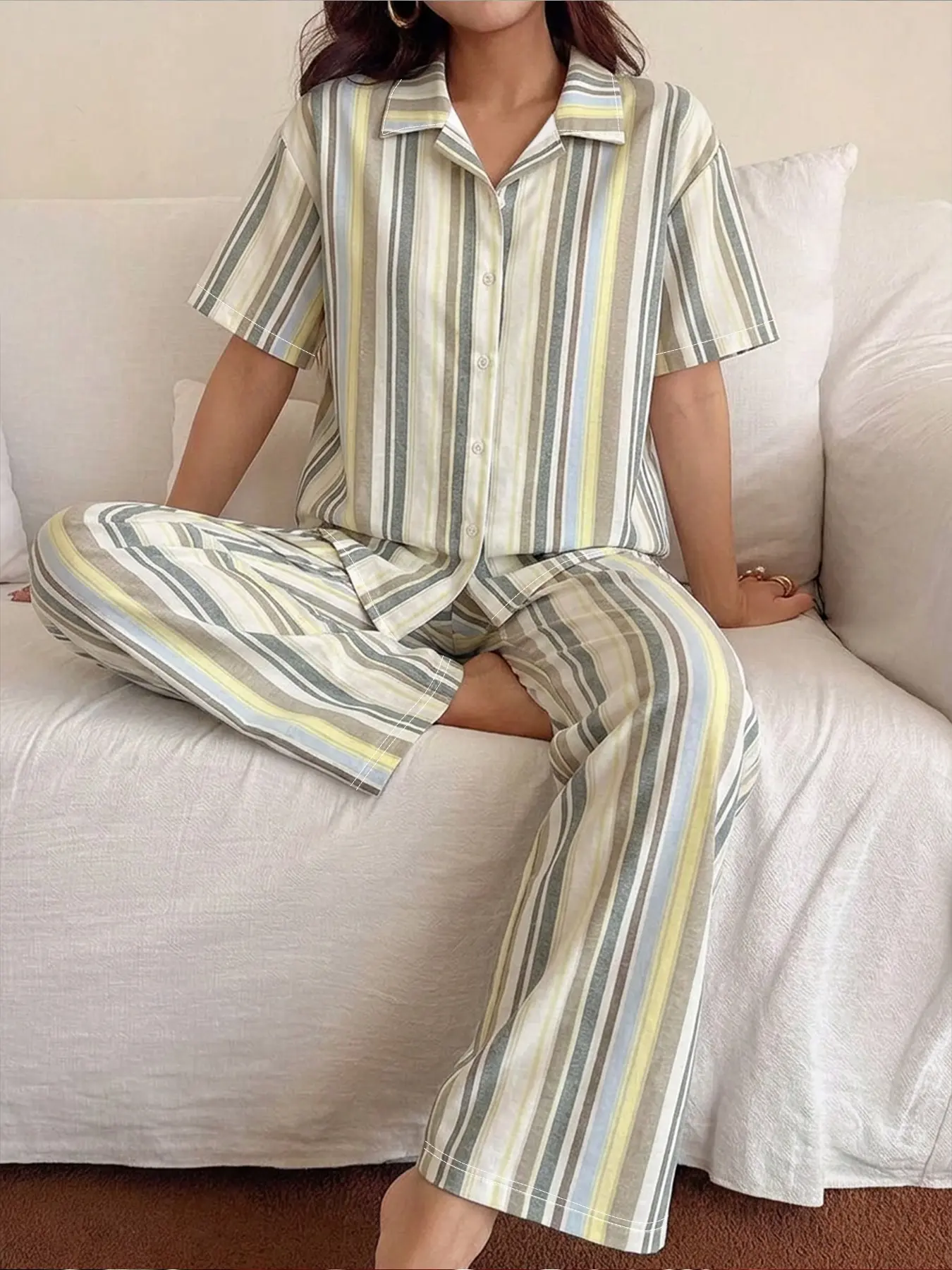 Women Pajama Striped Loungewear Sleepwear Set, Loose-Fitting Short Sleeve Button Shirt & Long Pants, Breathable Fabric, Casual All-Season Home Wear
