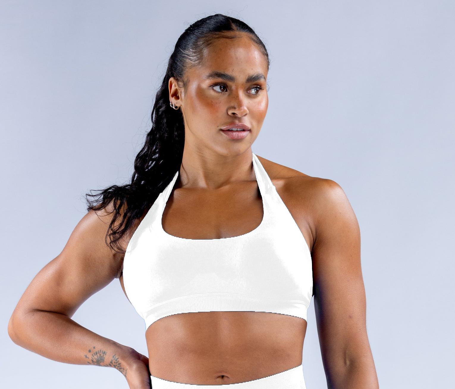 DFYNE halter neck sports bra with high-elasticity seamless bra padding, made of matte nylon fabric, provides high-intensity support for yoga and fitness.