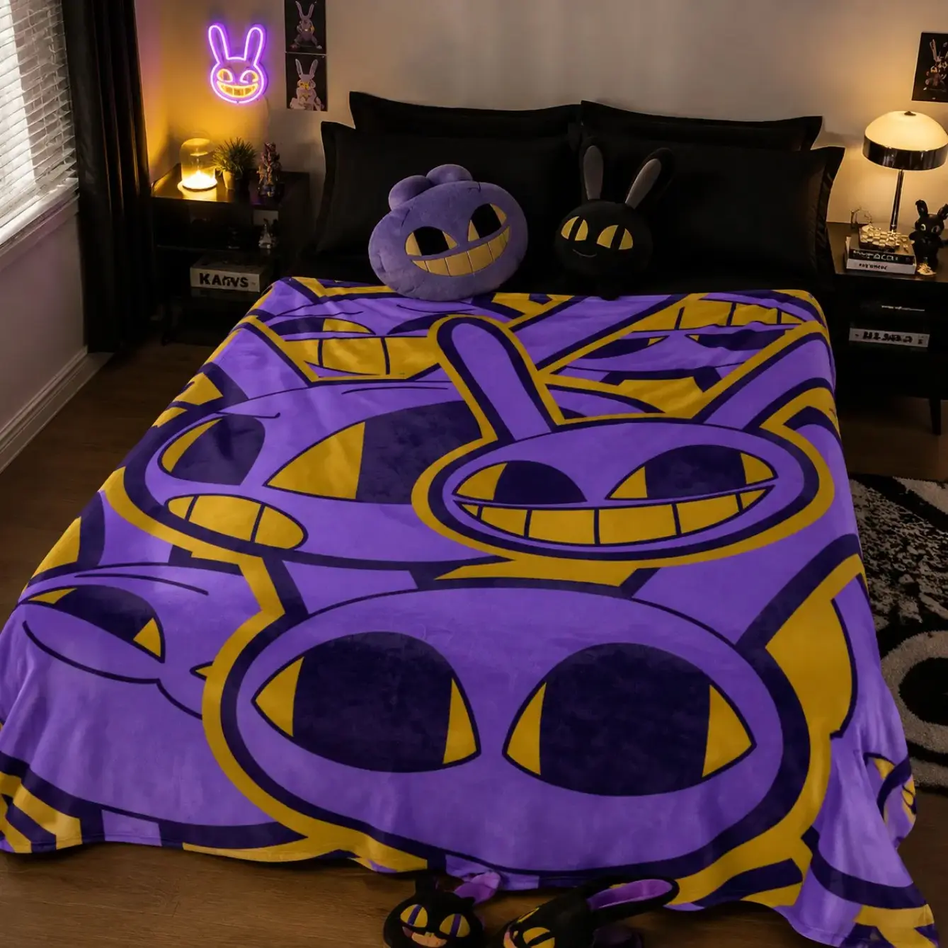 The Amazing Digital Circus Jax Rabbit Repeat Print Flannel Throw Blanket, Purple Yellow Cute Cartoon Character Soft Lightweight Warm Blanket for Sofa Bed Bedroom Travel Camping, Perfect Birthday Christmas Holiday Gift for TADC Cartoon Fans Teens Kids