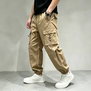 Men’s Khaki Webbing Strap Double Layer Pocket Cargo Joggers Elastic Drawstring Waist Tactical Street Pants, Utility Core, Gorpcore, Y2K Streetwear, Viral Men Fashion, Everyday Fit, Relaxed Tapered Style valkyrie holiday