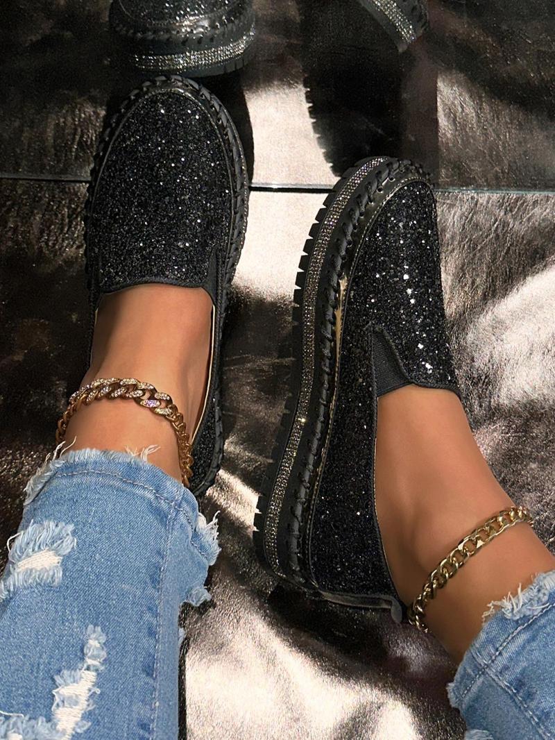 Women's Fashionable Glitter Rhinestone Decorated Slip on Loafers, Casual Comfortable Low Top Shoes for Daily Wear, Lightweight Breathable Shoes for Women & Girls