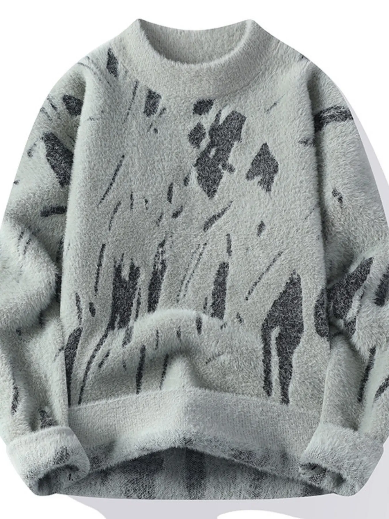 Men's Soft Knit Cardigan, Vintage Abstract Print Half-Neck Pullover, Fall Winter Thick Long Sleeve Top, Casual Streetwear, Loose Fit, Grandpa Sweater