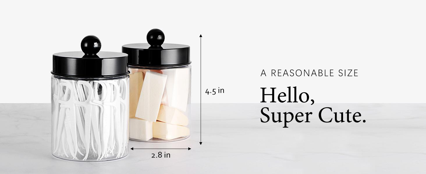 Apothecary Jars Bathroom Vanity Storage Organizer Set -Countertop Canister Plastic Acrylic Jar - Farmhouse Decor Qtip Holder for Cotton Swabs,Makeup Sponges,Flossers,Paper Clips -Black(2)