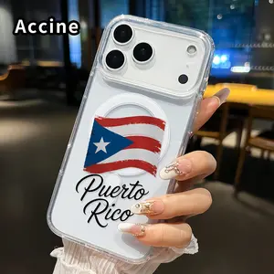 Puerto Rico Flag Pattern Magnetic Phone Case for iphone 17 Pro Max 16 Plus 15 14 13 12 11 Air XR E Anti-Yellowing Shockproof Lightweight Transparent Acrylic Large Hole Soft Cover Supports Wireless Charging