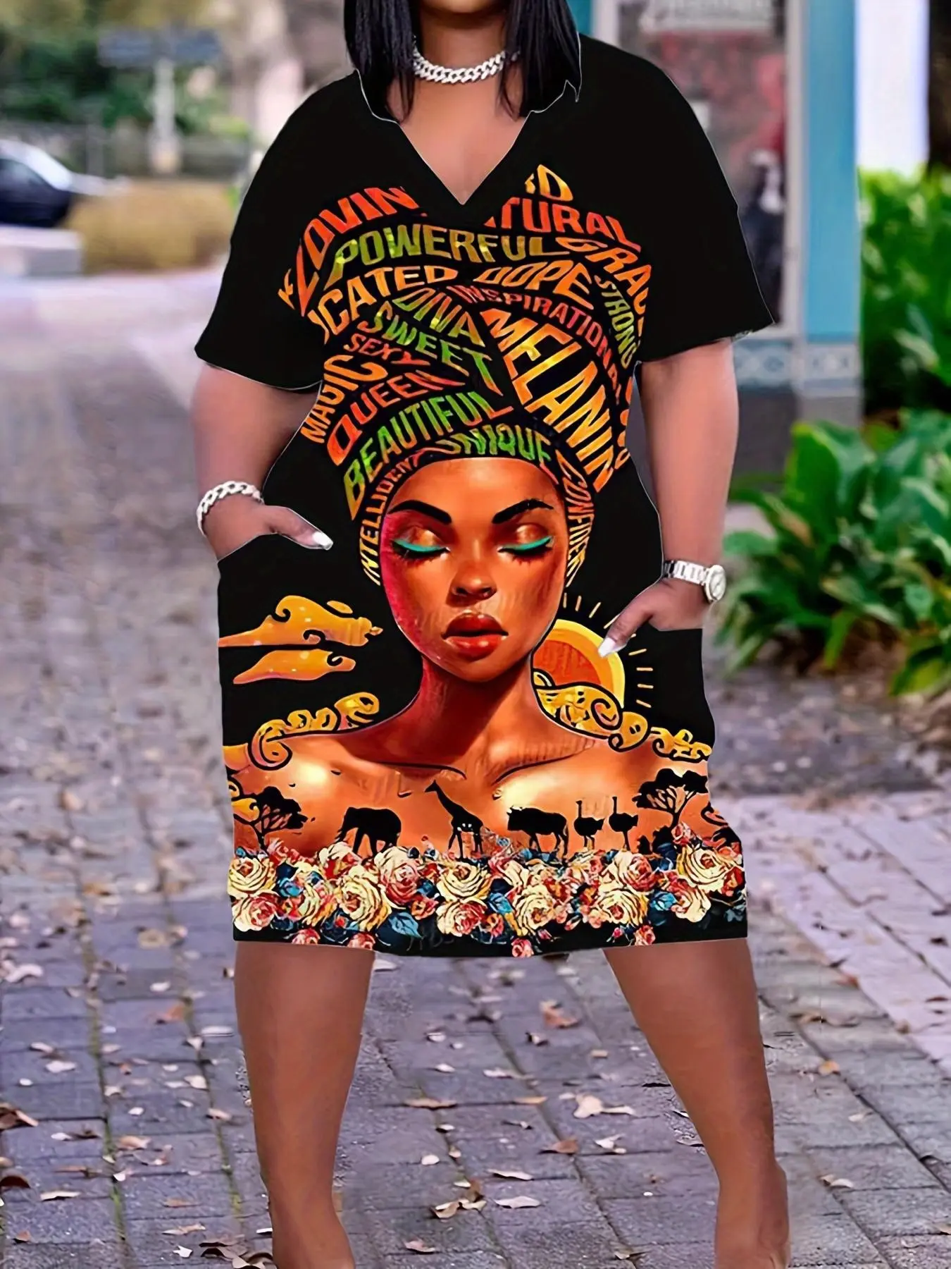Plus Size Style Casual Dress, Women Cartoon Portrait & Letter Print V Neck Short Sleeve Dress, with 2 Pockets, Comfortable and Stylish