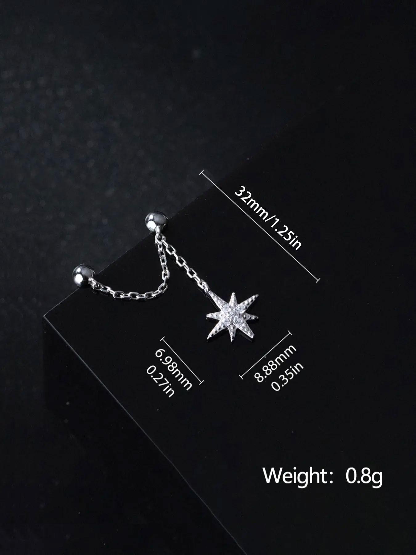 925 Sterling Silver Chain Design Earrings, Double-Threaded Eight-Pointed Star Zircon Drop Earrings, Stud Earring for Women, Fine Jewelry Gift, Elegant Minimalist Earrings