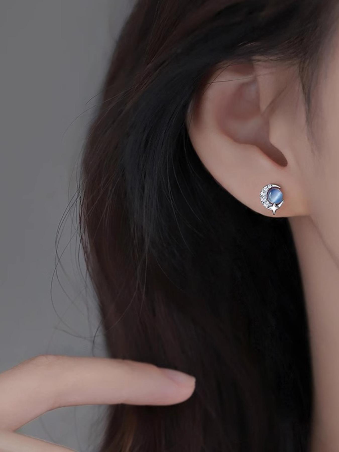 925 Sterling Silver Moon & Star Design, Artificial Gemstone Decorated, Fashion Jewelry Accessories for Women & Girls, Artificial Zircon Earrings