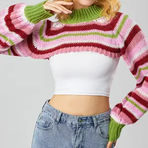 Women Knitted Shrug Sweater Casual Striped Loose Long Sleeves Half Turtleneck Pullover Crop Tops Streetwear