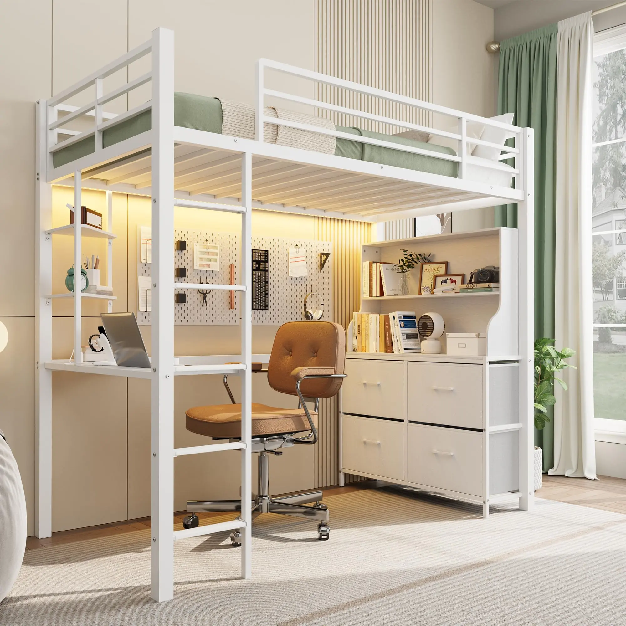 Multifunctional Twin Size Metal Frame Loft Bed – Built-in Desk, 4 Large Fabric Drawers, 2 Storage Shelves, LED Lighting, Charging Station – Guardrails & Ladder summerwins