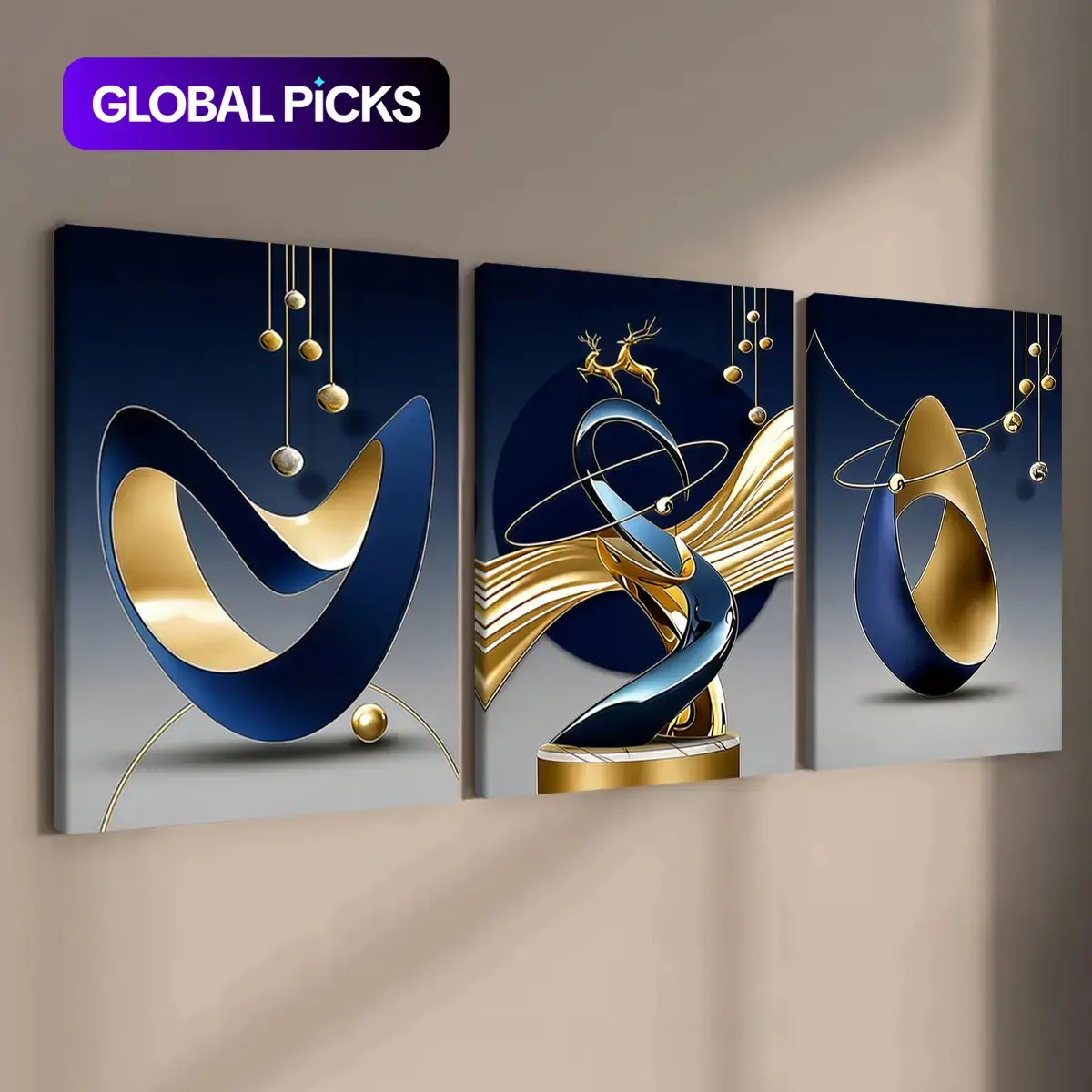 3-Piece Wooden-Frame Canvas Wall Art Set, Artwork, Modern Abstract Geometric Pattern, HD Inkjet Waterproof Canvas for Living Room, Hallway & Home Decor #GLOBAL PICKS