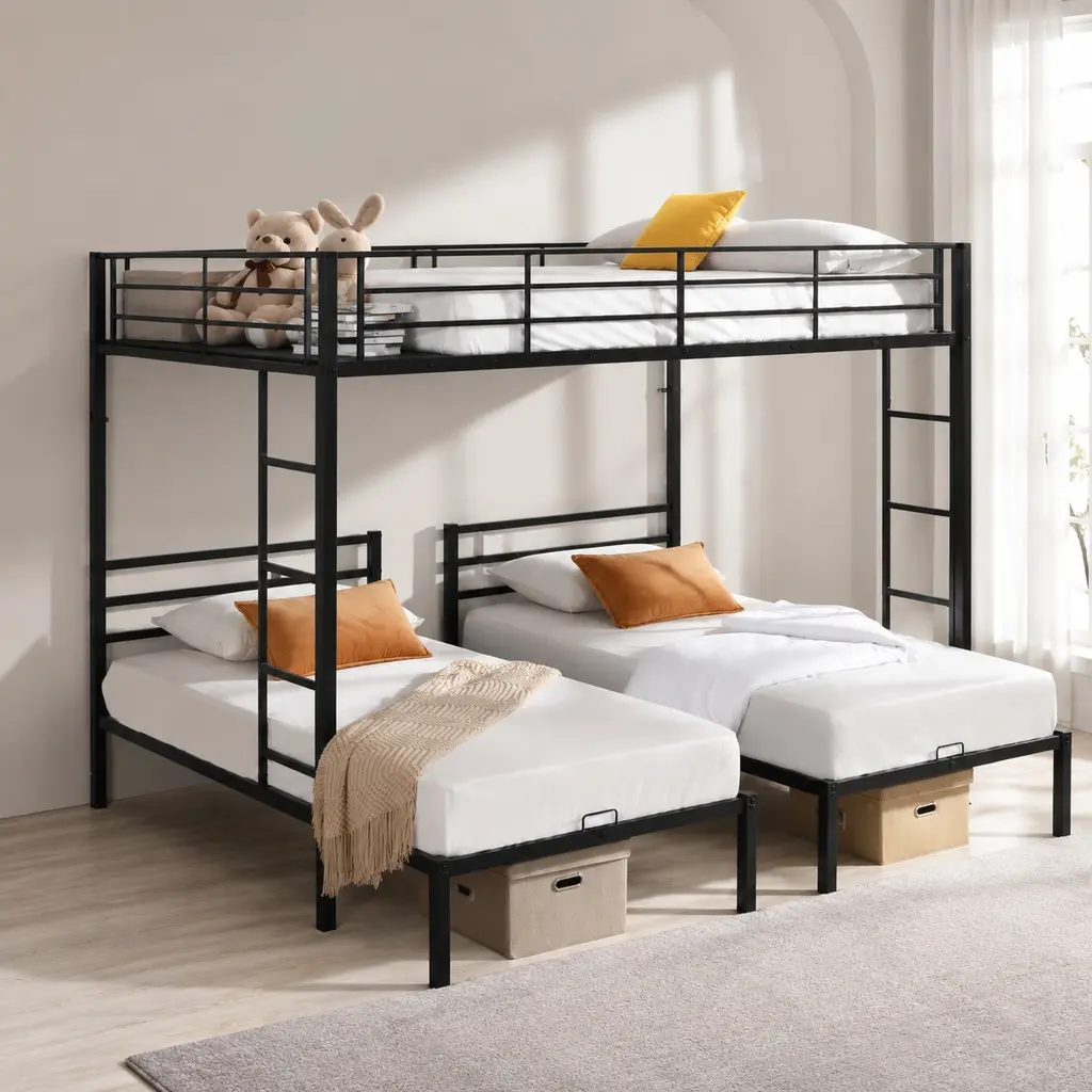 ARCH Metal Full Over Twin-Over-Twin Triple Bunk Bed with Vertical Ladder, 4-Side Guardrails, Secure MDF Shelf, 155.98 lbs Capacity, 93.30x78.00x71.60 In Dimensions, Space-Saving for Teens