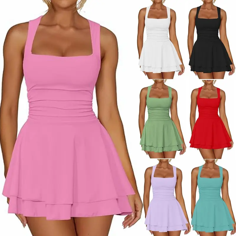 Women's Square Neck Waist Pleated Hem Mini Short Dress