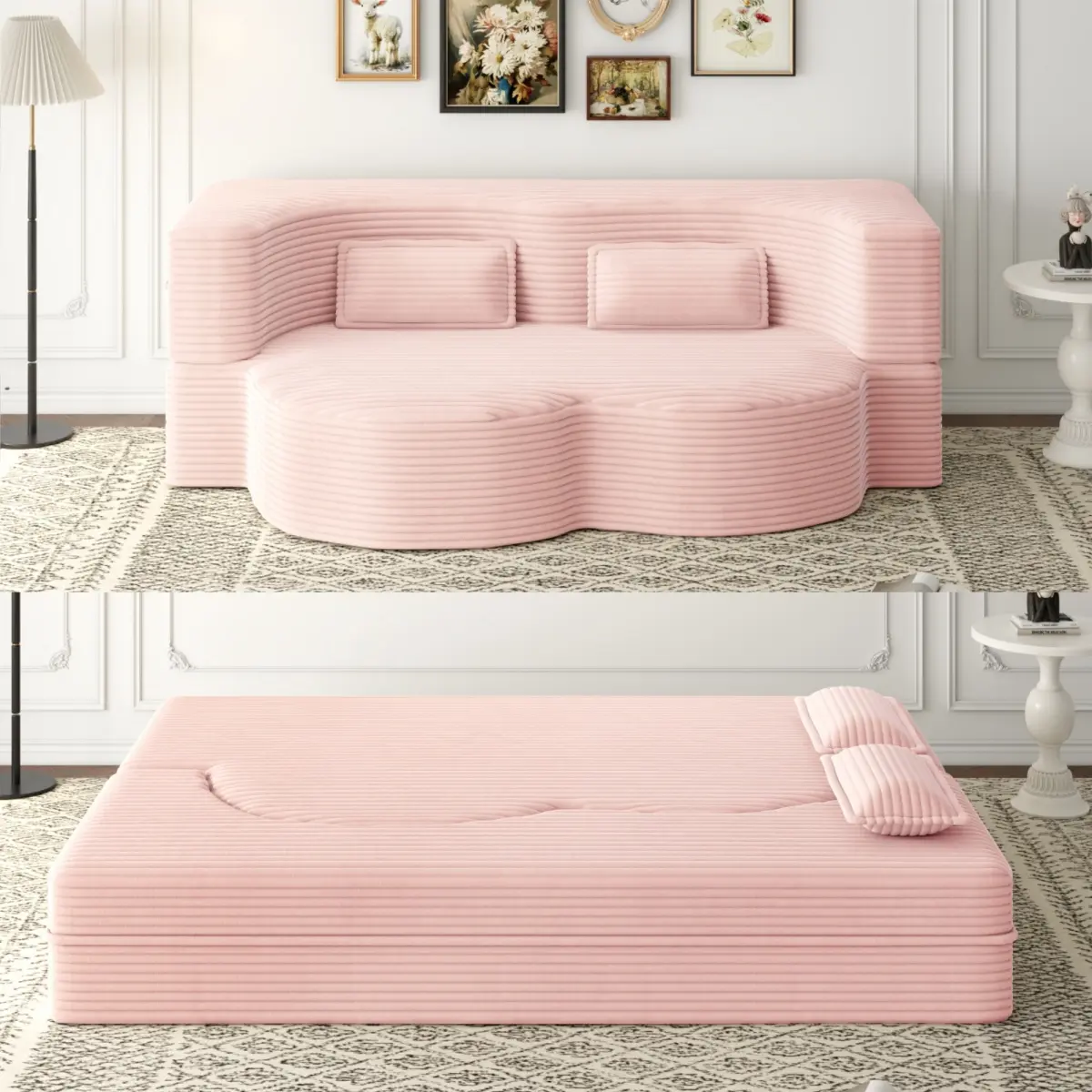 Modern Floor Sofa Couch Loveseat with 2 Pillows,Sleeper Sofa Bed, Convertible Plush Corduroy Foam-Filled, 15" Full Size Folding Mattress for Living Room,Guest Bed, No assembly required,Baby Pink