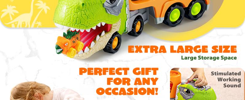 Dinosaur Toys for Kids 2-4, Toddler Boy Toys, Dinosaur Carrier Truck with 6 Rubber Car Vehicles, Christmas Birthday Gifts with Music & Lights for 2 3 4 5 Year Old
