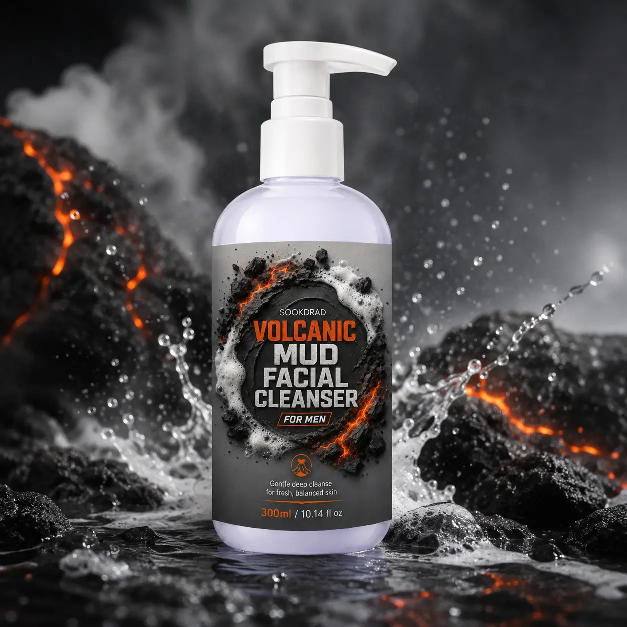 Volcanic Mud Facial Cleanser, volcanic mud, gentle deep cleanse, face, for men, fresh balanced skin, 300ml/10.14 fl oz