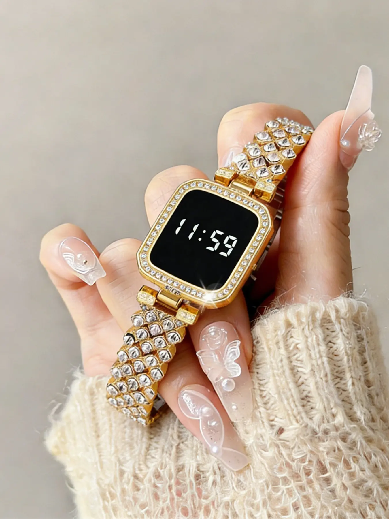 Square Touch Screen Women's Fashion Quartz Watch, Elegant Lady Style, Rose, Rhinestone Chain Strap, Digital Display, Casual Fashion Accessory