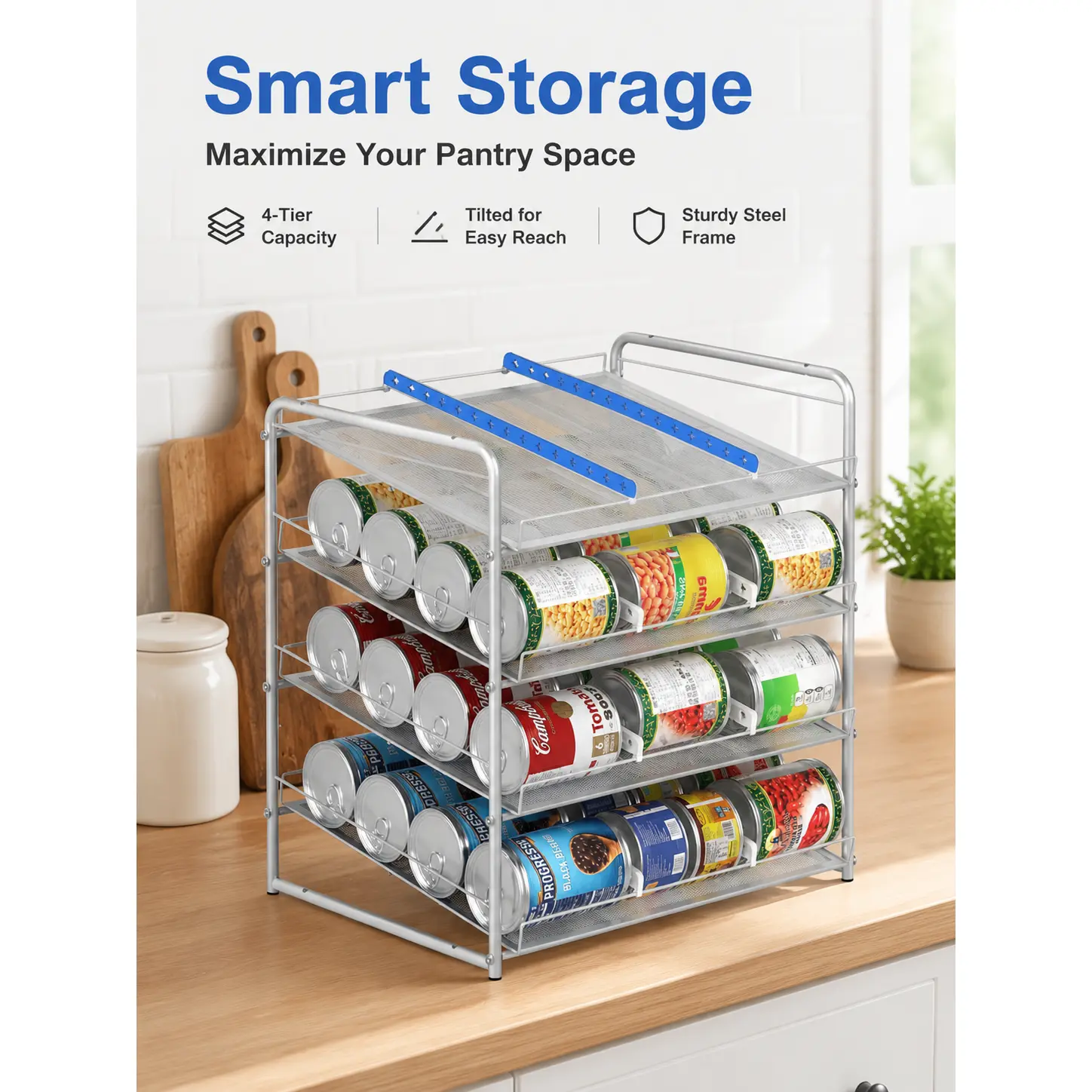 4 Tier Can Organizer Rack for Pantry, Adjustable Canned Food Storage Dispenser, Holds 48 Cans, Kitchen Cabinet Organization Shelf, Space Saving Pantry Storage Rack, Silver