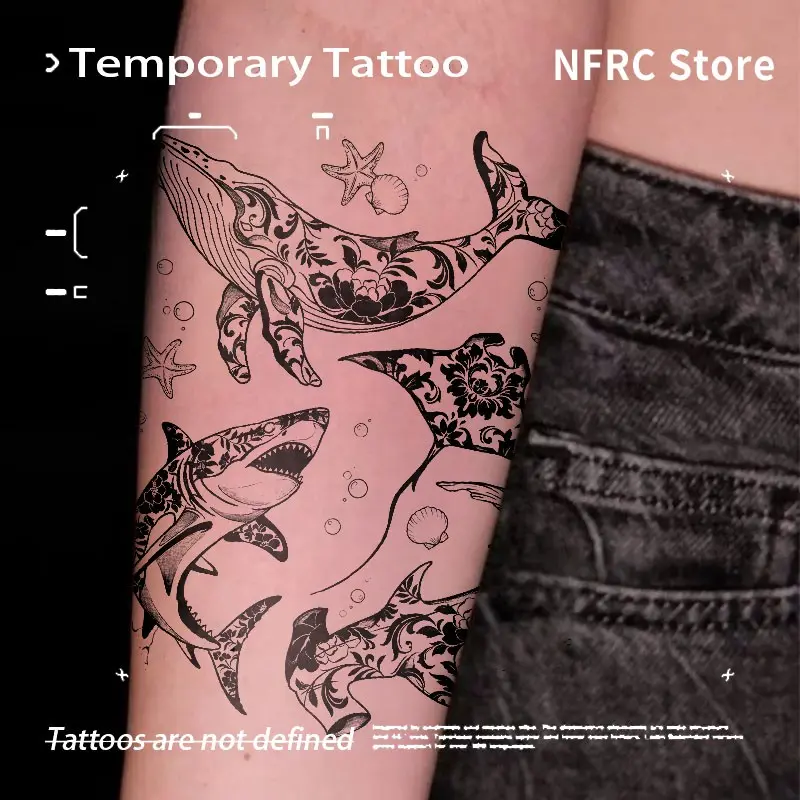 Vintage Floral Ocean Creature Herbal Juice Temporary Tattoo Semi‑Permanent Waterproof Long‑Lasting Fake Tattoo Stickers of Whale Shark Starfish Shell for Forearms Men Women